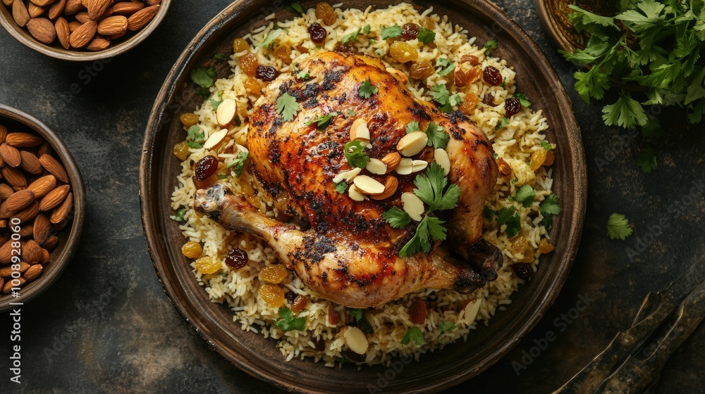 A dynamic top view of chicken kabsa, with perfectly roasted chicken placed over seasoned rice, garnished with almonds, raisins, and fresh herbs A dynamic top view of chicken kabsa, with perfectly roasted chicken placed over seasoned rice, garnished with almonds, raisins, and fresh herbs