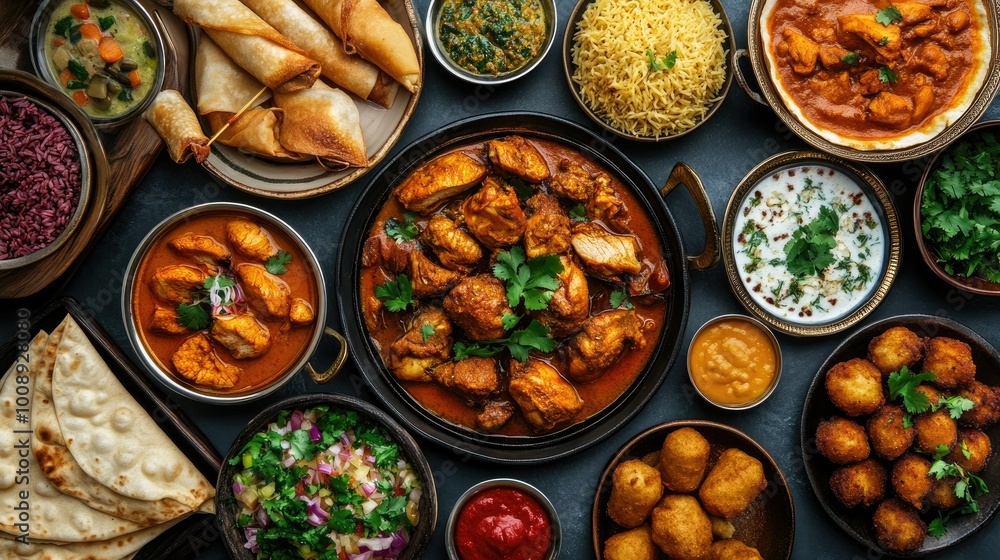 A dynamic top view of Arabic Iftar dishes such as chicken korma, pakoras, fish curry, and fried rolls, beautifully presented on a traditional A dynamic top view of Arabic Iftar dishes such as chicken korma, pakoras, fish curry, and fried rolls, beautifully presented on a traditional