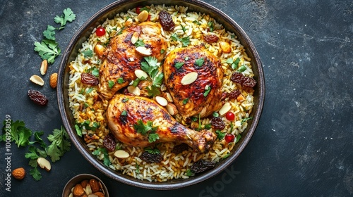 A dynamic top view of chicken kabsa, with perfectly roasted chicken placed over seasoned rice, garnished with almonds, raisins, and fresh herbs