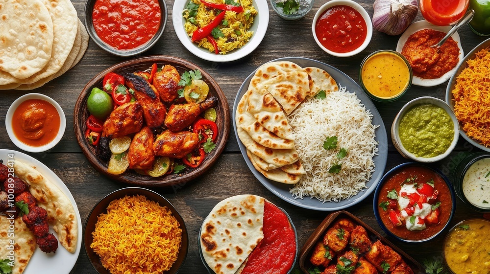 A festive top view of an Iftar food set with a variety of Indian dishes like butter chicken, dal, naan, seekh kebabs, and biryani, A festive top view of an Iftar food set with a variety of Indian dishes like butter chicken, dal, naan, seekh kebabs, and biryani,