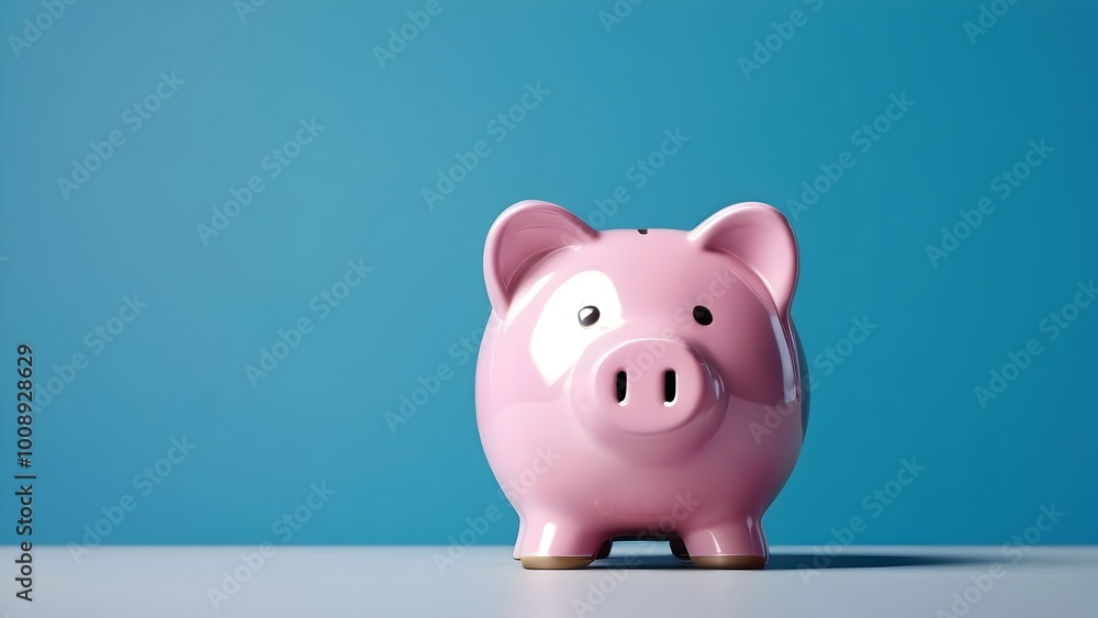 Pink piggy bank on a blue background, symbol of savings and financial security Pink piggy bank on a blue background, symbol of savings and financial security