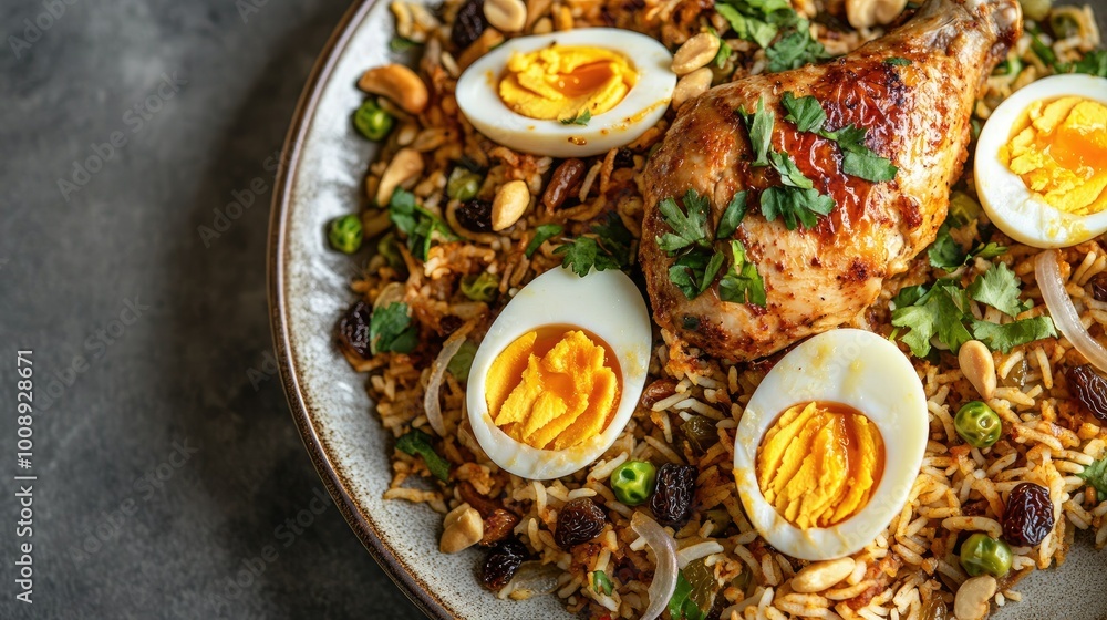 A horizontal top view of a plate of chicken pulao, richly garnished with fried onion, nuts, raisins, and halves of boiled eggs, A horizontal top view of a plate of chicken pulao, richly garnished with fried onion, nuts, raisins, and halves of boiled eggs,