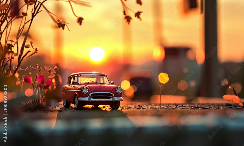Red Toy Car at Sunset on a Road Red Toy Car at Sunset on a Road
