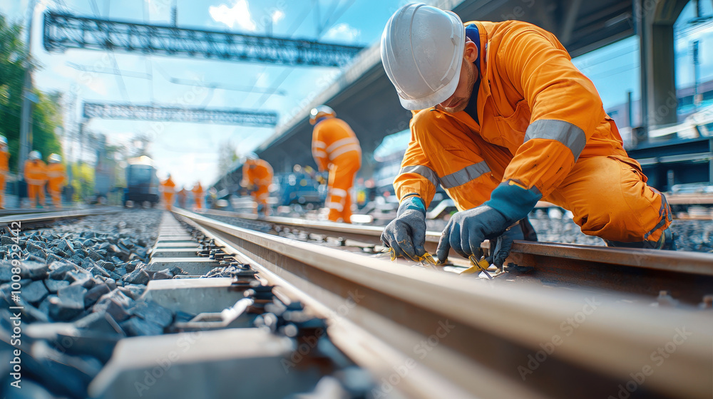 railway worker in orange safety suit is focused on maintaining tracks, showcasing dedication and precision in busy work environment railway worker in orange safety suit is focused on maintaining tracks, showcasing dedication and precision in busy work environment
