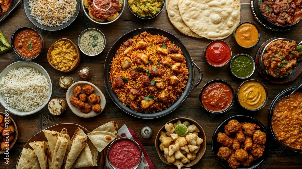 A mouthwatering top view of an Indian traditional food spread, with spicy biryani, dal, naan, chicken curry, samosas, A mouthwatering top view of an Indian traditional food spread, with spicy biryani, dal, naan, chicken curry, samosas,