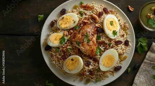 A mouthwatering top-down view of a plate of chicken pulao with crispy fried onion, halved boiled eggs, nuts, and raisins, perfectly