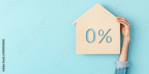 Wooden house shape with “%” text on blue background. Hand holding a sign about zero mortgage rates. Home loan, life insurance, real estate services, banner with copy space. Affordable housing. photo