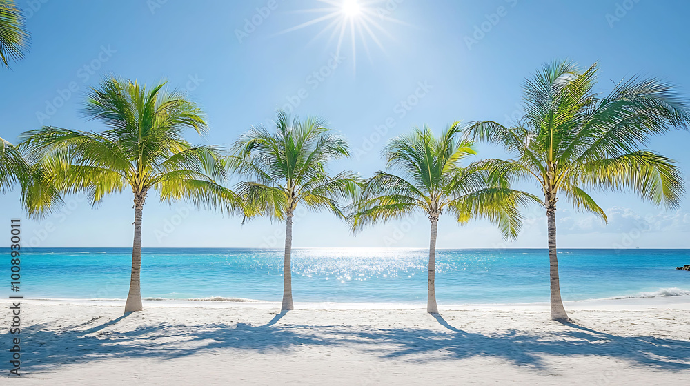 Four palm trees stand tall on a pristine white sand beach with turquoise blue water and a bright sun shining overhead. Four palm trees stand tall on a pristine white sand beach with turquoise blue water and a bright sun shining overhead.