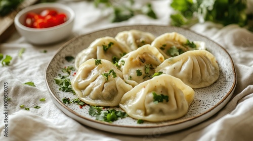 A plate of momos garnished with fresh herbs, positioned on a neutral tablecloth, creating plenty of space for captions or advertisements without distractions.