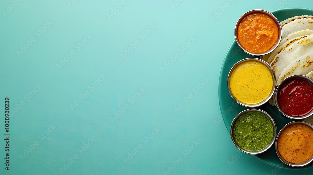 A plate of steaming dosas arranged neatly, with colorful chutneys around them, set against a minimalist backdrop