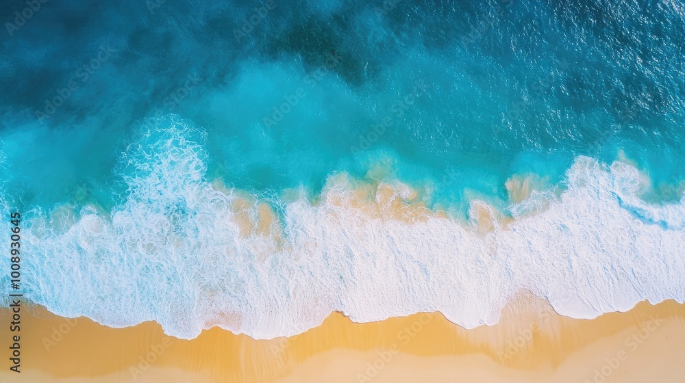 Top view of serene blue ocean with waves and a golden beach under bright sunshine, captured from a drone Top view of serene blue ocean with waves and a golden beach under bright sunshine, captured from a drone