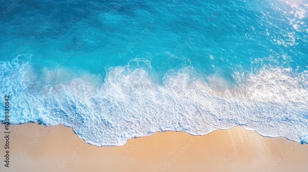 Top view of the sparkling blue ocean with sunlight casting reflections on the waves and sandy beach Top view of the sparkling blue ocean with sunlight casting reflections on the waves and sandy beach