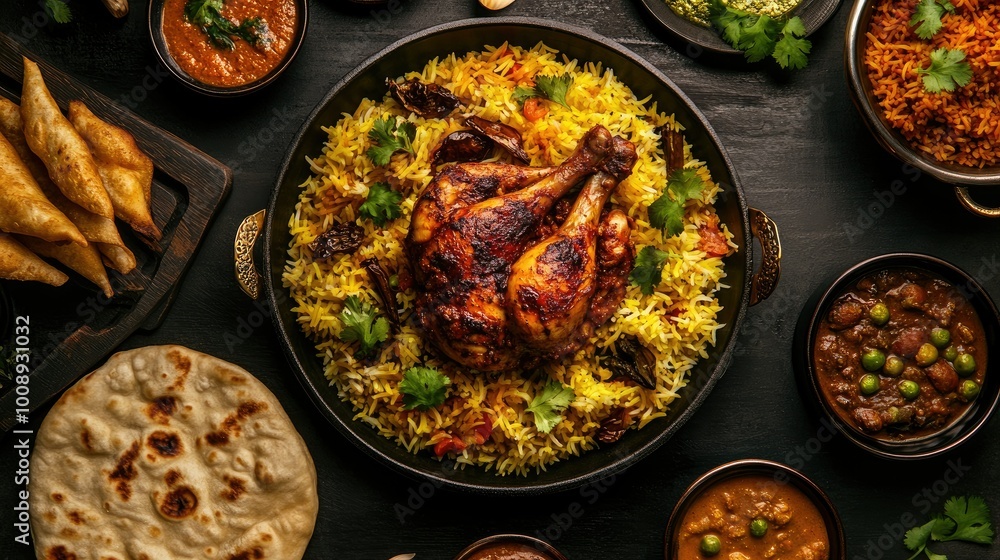 A rich top-down image of a Ramadan feast featuring chicken curry, spicy biryani, naan, samosas, and dal, A rich top-down image of a Ramadan feast featuring chicken curry, spicy biryani, naan, samosas, and dal,