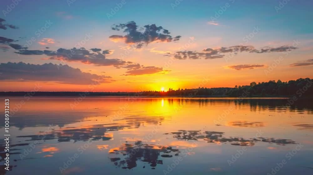 A serene sunset over a tranquil lake, reflecting vibrant colors and clouds in the water. A serene sunset over a tranquil lake, reflecting vibrant colors and clouds in the water.