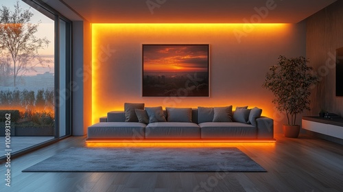 Modern living room with ambient lighting and sunset artwork.