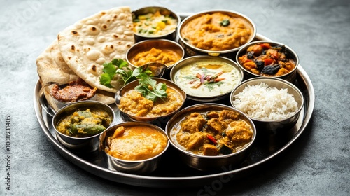 A round thali filled with delicious Indian cuisine, including curries and bread, placed on a clean surface,