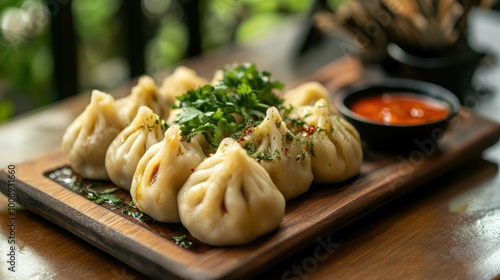 A serving of momos elegantly displayed on a wooden board, with plenty of room around them for promotional text or branding on a neutral background.