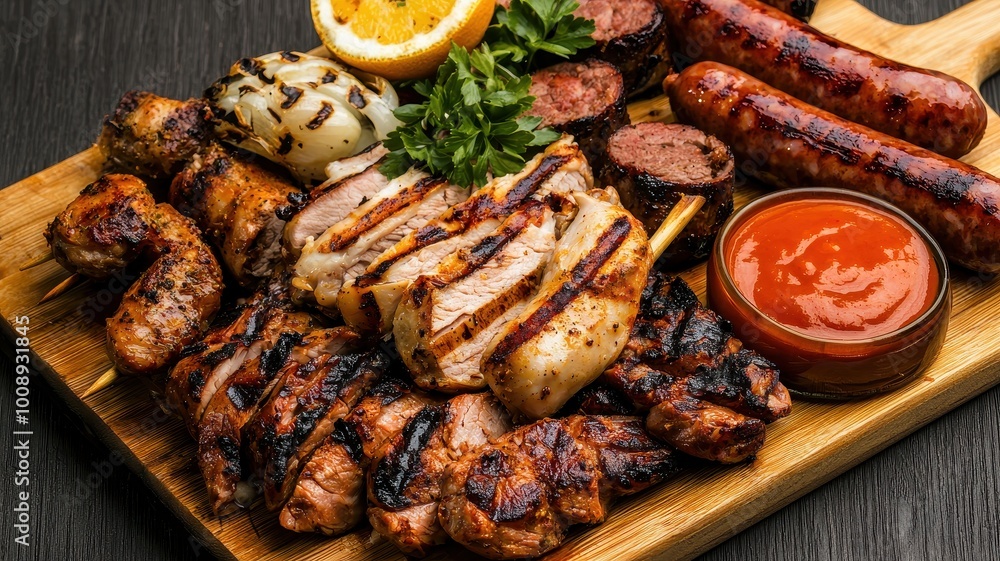 A delicious assortment of grilled meats served with herbs, sauces, and citrus. A delicious assortment of grilled meats served with herbs, sauces, and citrus.