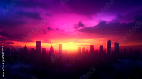 City skyline at sunset with vibrant purple and orange clouds.