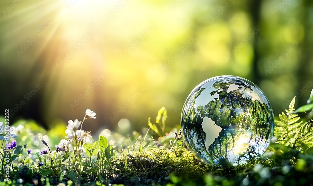 Glass globe placed on forest floor surrounded by lush greenery and vibrant wildflowers, symbolizing environmental protection and global growth, highlighted by soft sunlight for World Wildlife Day. Glass globe placed on forest floor surrounded by lush greenery and vibrant wildflowers, symbolizing environmental protection and global growth, highlighted by soft sunlight for World Wildlife Day.
