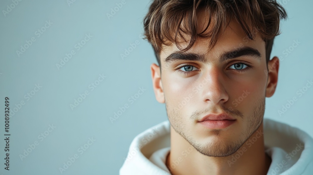 Close-up portrait of a young man with blue eyes and a serious expression. Close-up portrait of a young man with blue eyes and a serious expression.