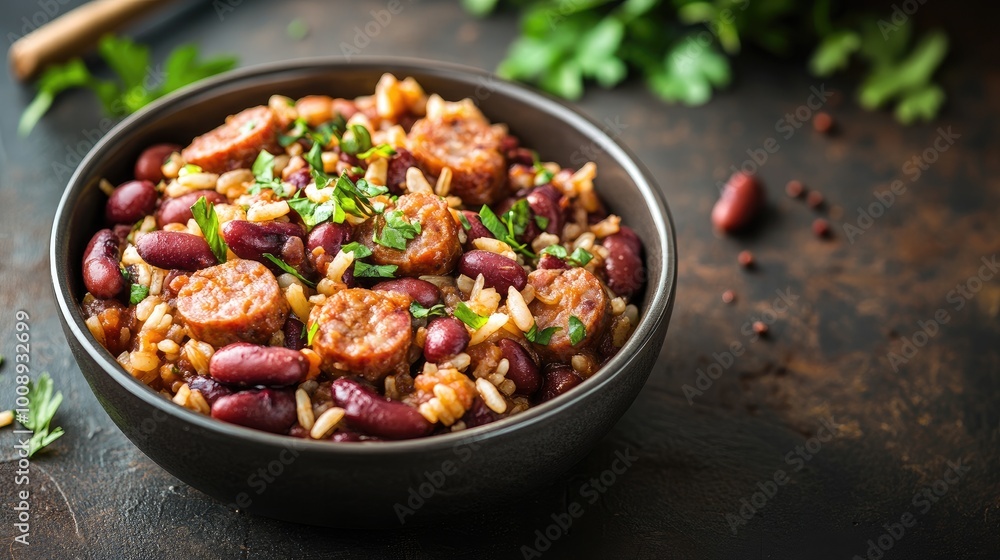 Bowl of Southern red beans and rice with sausage, served on a rustic surface, with copy space for text or menu descriptions. Bowl of Southern red beans and rice with sausage, served on a rustic surface, with copy space for text or menu descriptions.