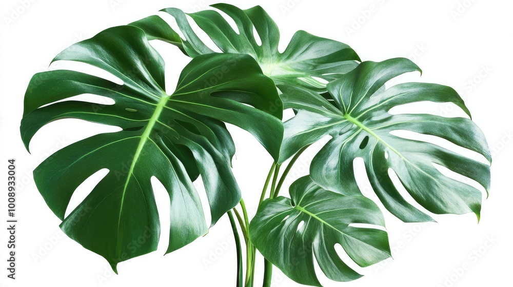 Realistic image of a Monstera plant with large, dramatic leaves and unique splits, set against a white background for elegant design Realistic image of a Monstera plant with large, dramatic leaves and unique splits, set against a white background for elegant design