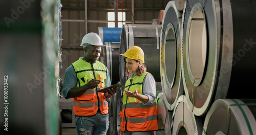 African American engineer man discussing women worker in construction warehouse steel plant factory. Engineer wear safety reflective vest white hard hat use smart tablet hand point checking product