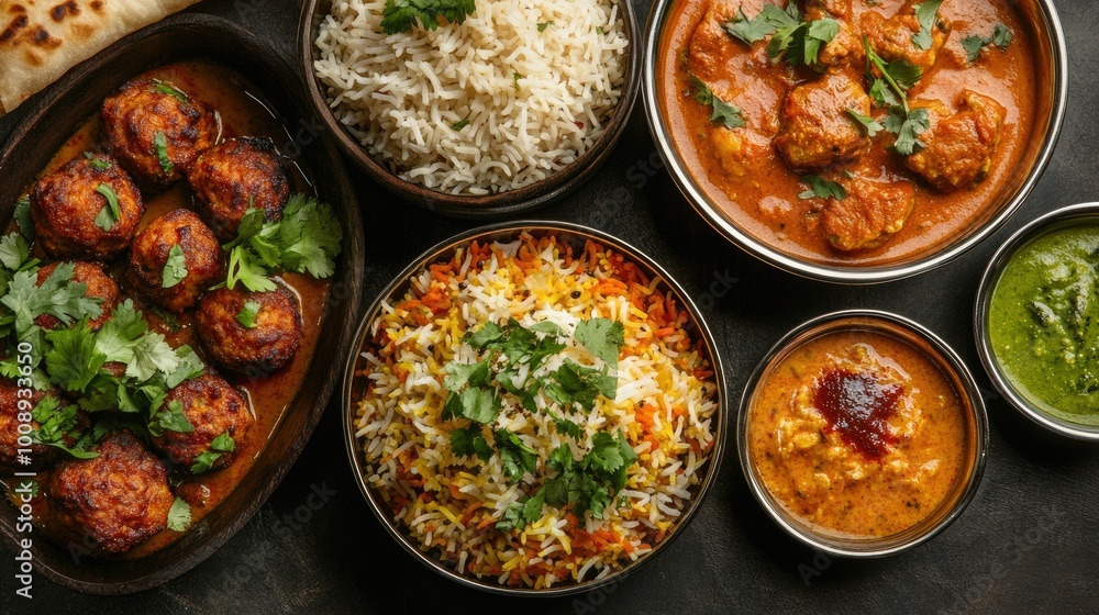 A tempting assortment of Indian cuisine featuring dal curry, kofta curry, and chicken biryani served in traditional bowls, A tempting assortment of Indian cuisine featuring dal curry, kofta curry, and chicken biryani served in traditional bowls,