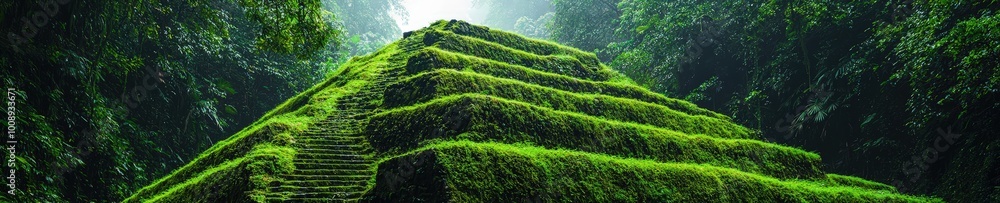 This stunning image captures a lush green pyramid nestled in a dense tropical forest, showcasing ancient steps and vibrant vegetation illuminated by soft sunlight. This stunning image captures a lush green pyramid nestled in a dense tropical forest, showcasing ancient steps and vibrant vegetation illuminated by soft sunlight.