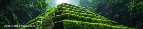 This stunning image captures a lush green pyramid nestled in a dense tropical forest, showcasing ancient steps and vibrant vegetation illuminated by soft sunlight.