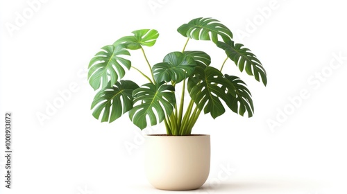 Realistic modern plant with lush green leaves and a chic pot design, isolated on a white backdrop for a sophisticated and fresh look