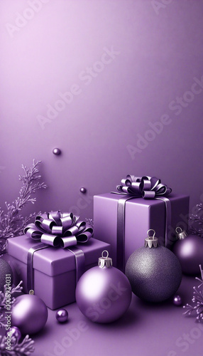 Purple christmas gifts and ornaments creating a festive still life
