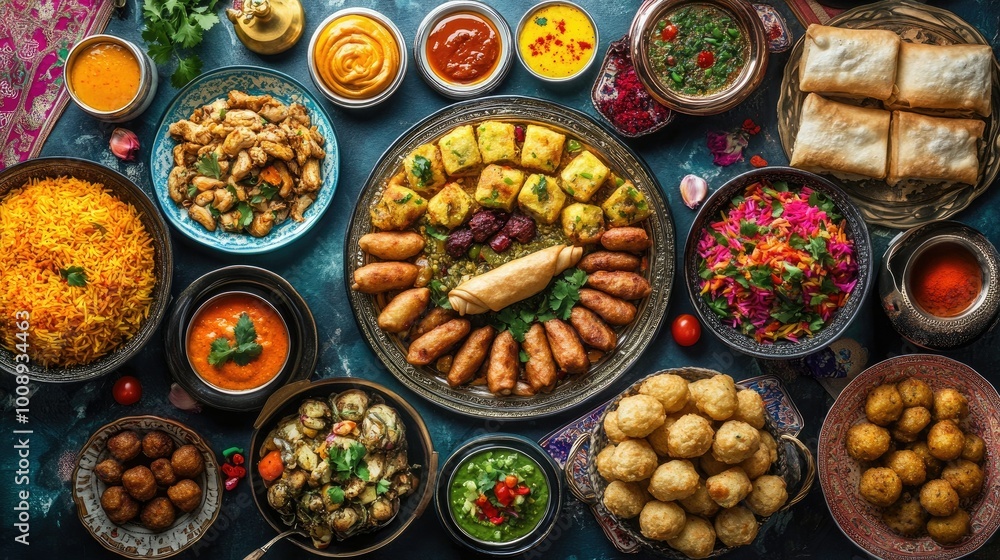 A top view of a colorful Arabic Ramadan food spread, featuring fried rolls, chicken biryani, kofta, pakoras, and samosas, beautifully arranged on a traditional table.