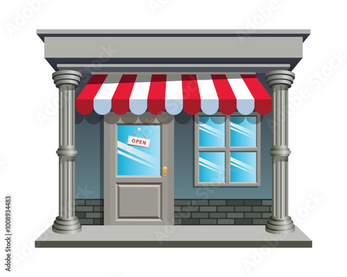 Isolated storefront with tent, door, windows and pillar. Vector Illustration.