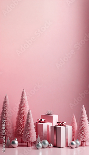 Christmas composition featuring pink christmas trees and wrapped gift boxes on pink background