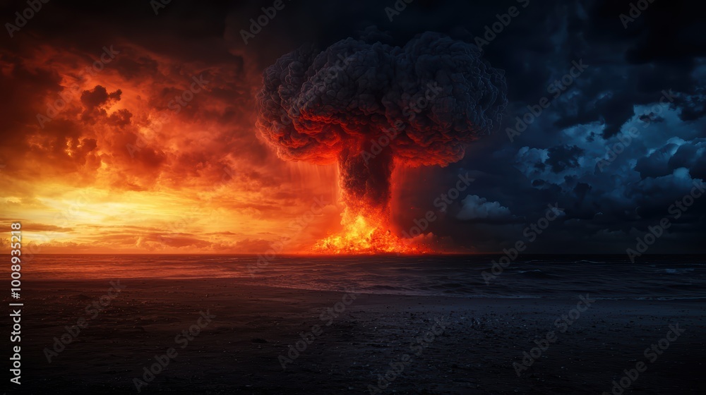 Apocalyptic Vision of Nuclear Catastrophe: Eerie Mushroom Cloud in Stormy Sky Symbolizing Destruction and Chaos Apocalyptic Vision of Nuclear Catastrophe: Eerie Mushroom Cloud in Stormy Sky Symbolizing Destruction and Chaos