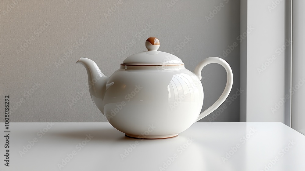 A white teapot with a lid on a minimalist table setting. A white teapot with a lid on a minimalist table setting.
