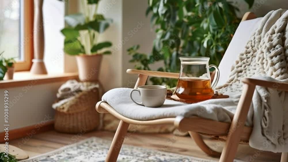 Cozy scene with a teapot and cup on a chair, surrounded by greenery and natural light. Cozy scene with a teapot and cup on a chair, surrounded by greenery and natural light.
