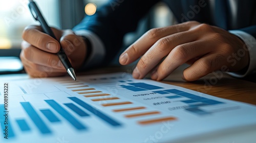 Close-up of a businessman pointing at a rising chart, symbolizing business growth, with room for adding text or branding.