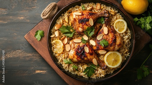 Wallpaper Mural A top view of traditional chicken kabsa, with roasted chicken quarters served on a bed of fragrant rice, garnished with almonds and lemon slices, Torontodigital.ca