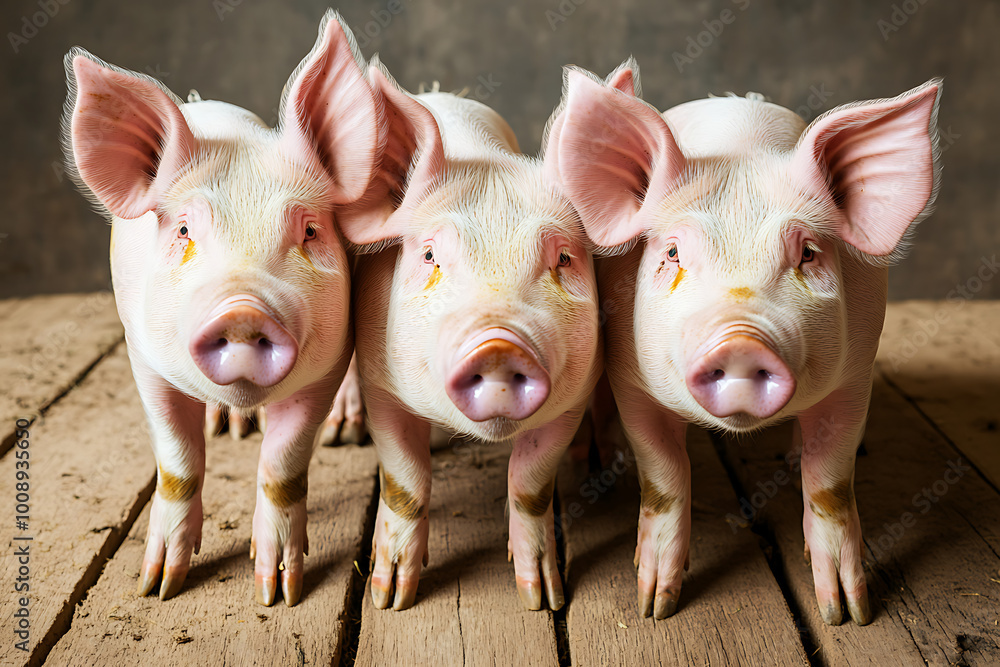 Three Cute Piglets Standing on Wooden Floor Farm Animals Livestock Agriculture Three Cute Piglets Standing on Wooden Floor Farm Animals Livestock Agriculture