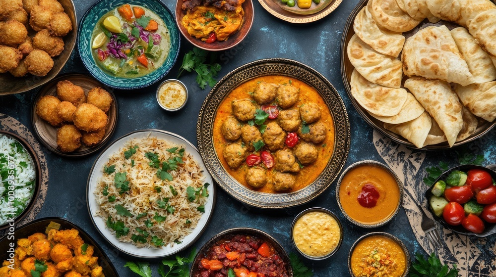 A traditional Ramadan feast with a top view of popular dishes like kofta, chicken curry, fish curry, pakoras, and fried rolls A traditional Ramadan feast with a top view of popular dishes like kofta, chicken curry, fish curry, pakoras, and fried rolls