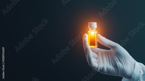 Hand holding a glowing vaccine vial on a dark background.
