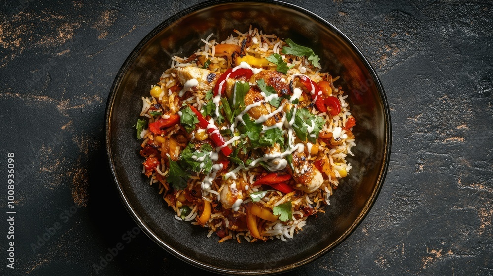 A vibrant Chicken Biryani dish with fresh garnishes displayed in the center, against a muted backdrop, A vibrant Chicken Biryani dish with fresh garnishes displayed in the center, against a muted backdrop,