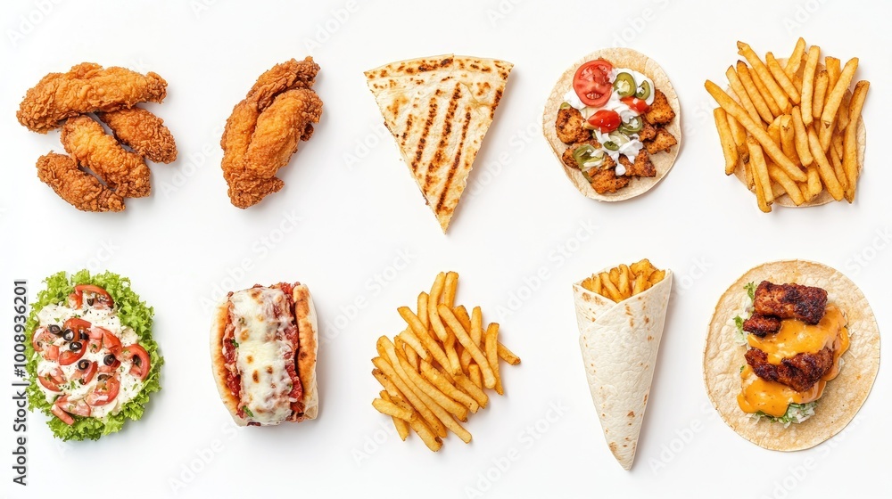 A vibrant close-up of a fast food set featuring fried chicken, fries, tacos, pizza, shawarma, burrito, and chicken burger, A vibrant close-up of a fast food set featuring fried chicken, fries, tacos, pizza, shawarma, burrito, and chicken burger,