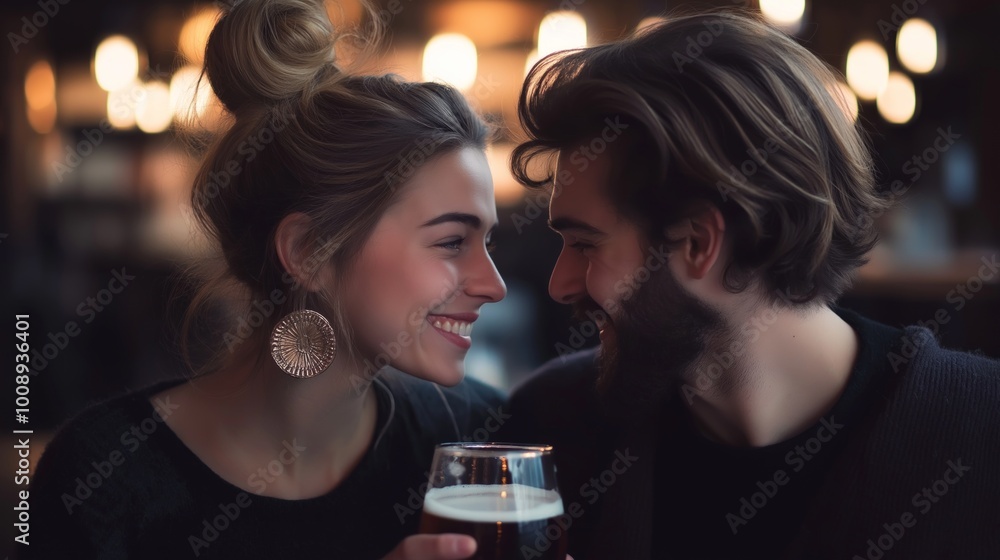 Smiling couple toasting with beer glasses in a warm, celebratory atmosphere. Togetherness, love, bonding, joyful celebration, happy moments Smiling couple toasting with beer glasses in a warm, celebratory atmosphere. Togetherness, love, bonding, joyful celebration, happy moments