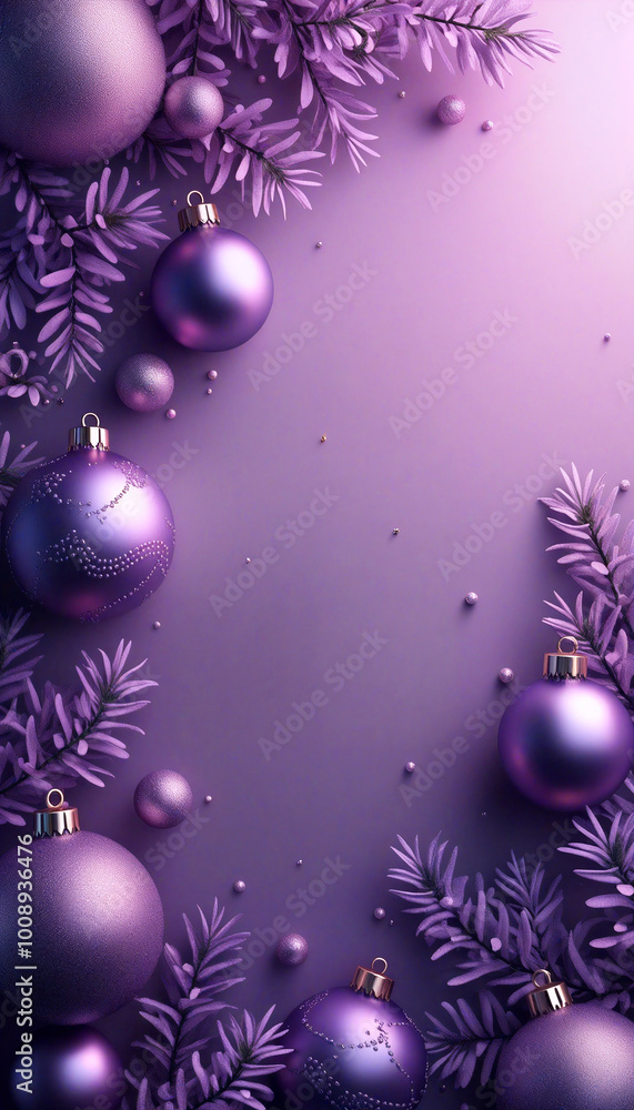 Christmas baubles arranged on a purple background creating a festive frame Christmas baubles arranged on a purple background creating a festive frame