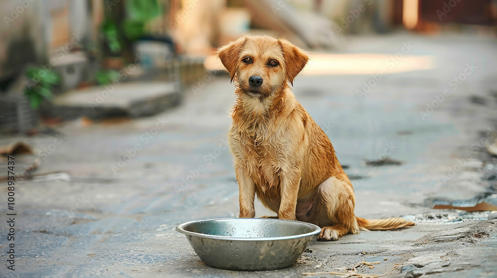 A fluffy hungry abandoned street dog sits on the road in front of an empty plate A fluffy hungry abandoned street dog sits on the road in front of an empty plate