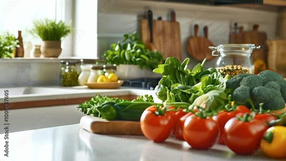 Fresh vegetables on a kitchen counter, ready for cooking and meal preparation. Fresh vegetables on a kitchen counter, ready for cooking and meal preparation.